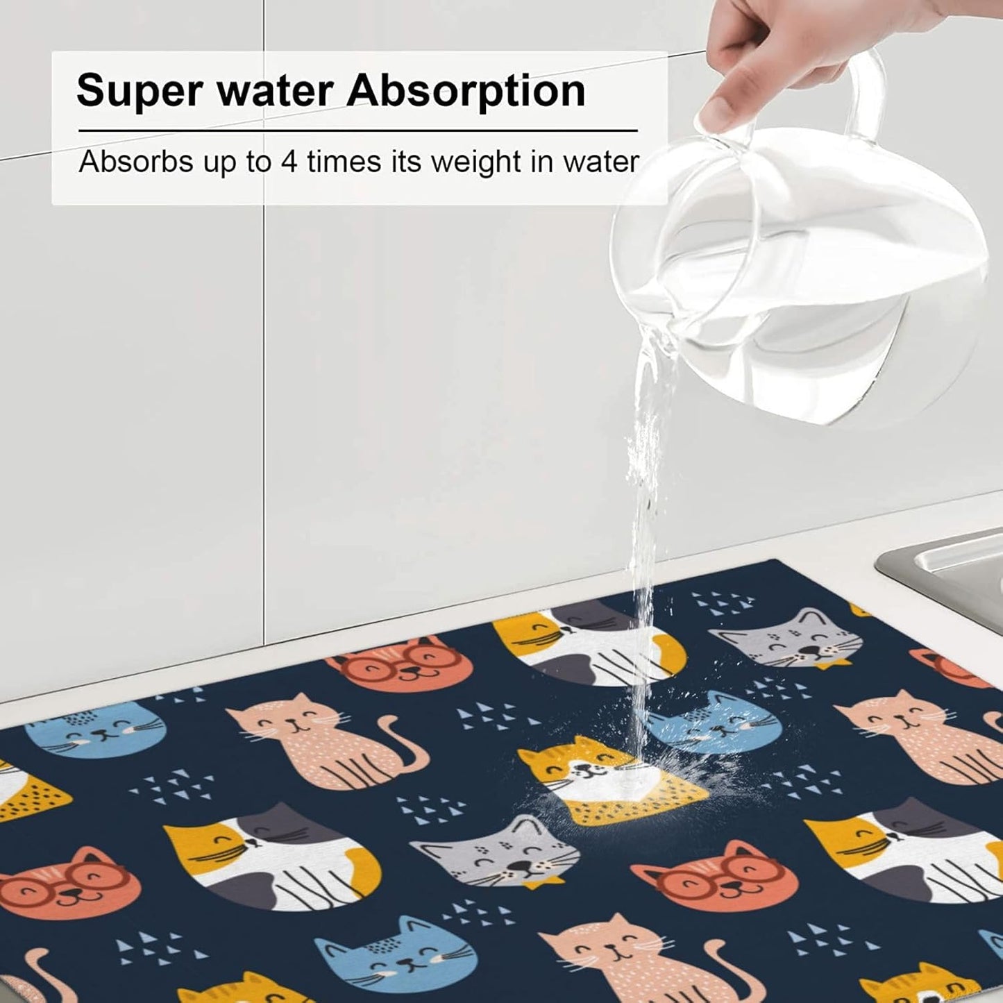 Absorbent Microfiber Dish Drying Mat, Quick Dry Pad for Sink Dishes or Under Rack, Kitchen Counter Accessories, Reusable Washable Extra Large 18"x24" (Cute Cats,Navy blue)