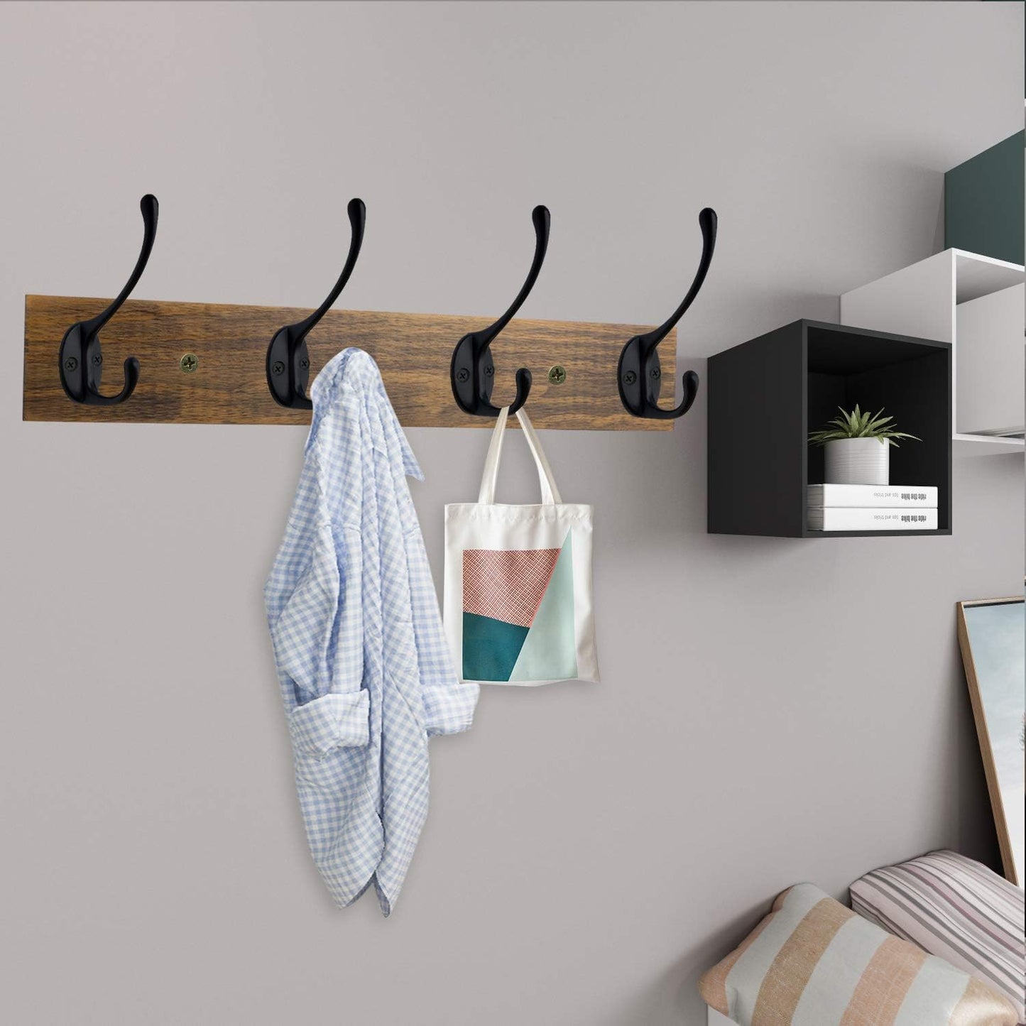 IBosins Vintage Wall Mounted Coat Rack, 17" Long with 4 Black Double Hooks