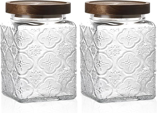 Snminetal Vintage Glass Airtight Storage Jar Set of 2, With Airtight Wood Lid, Kitchen Food Storage Containers,Suitable for