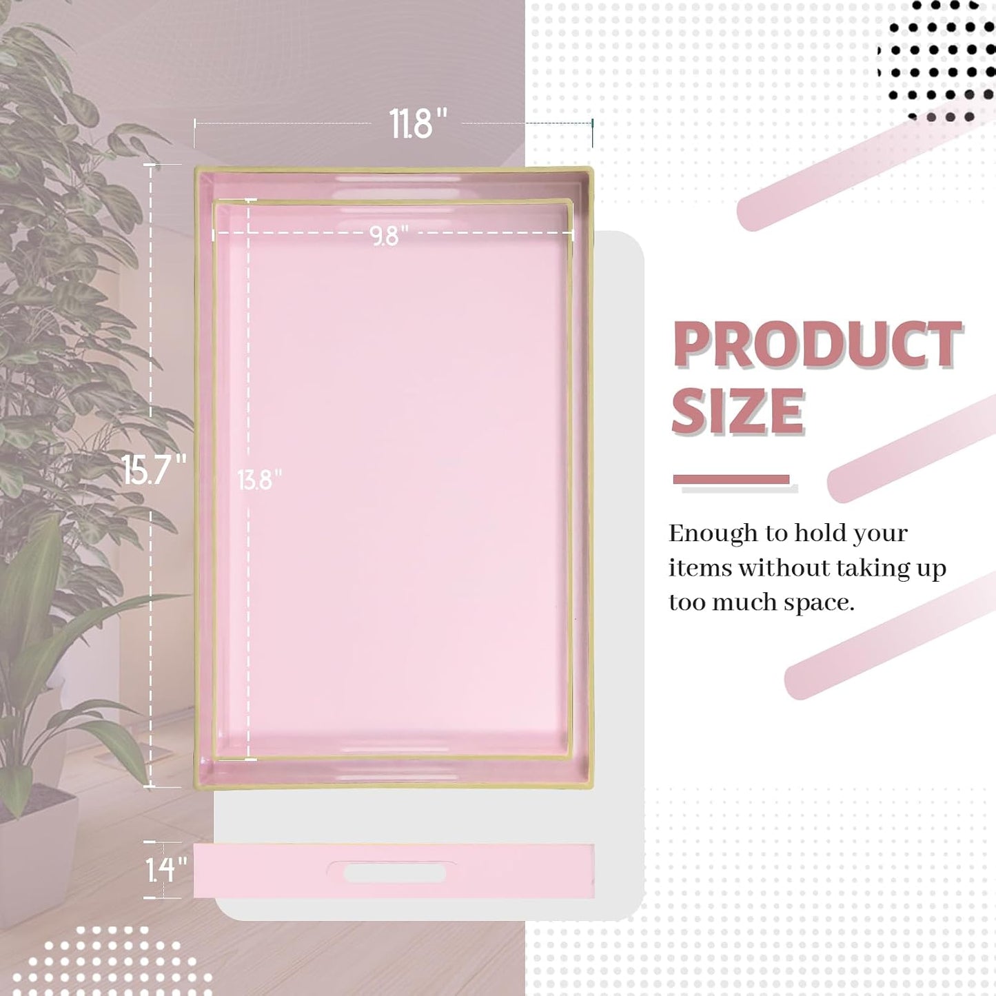 MAONAME Pink Serving Tray with Handles, Plastic Decorative Tray Set of 2 | Pink Decorative Tray for Coffee Table, Modern Ottoman Tray, Rectangle Melamine Tray for Living Room, 15.8"L x 10.2"W x 1.4"H