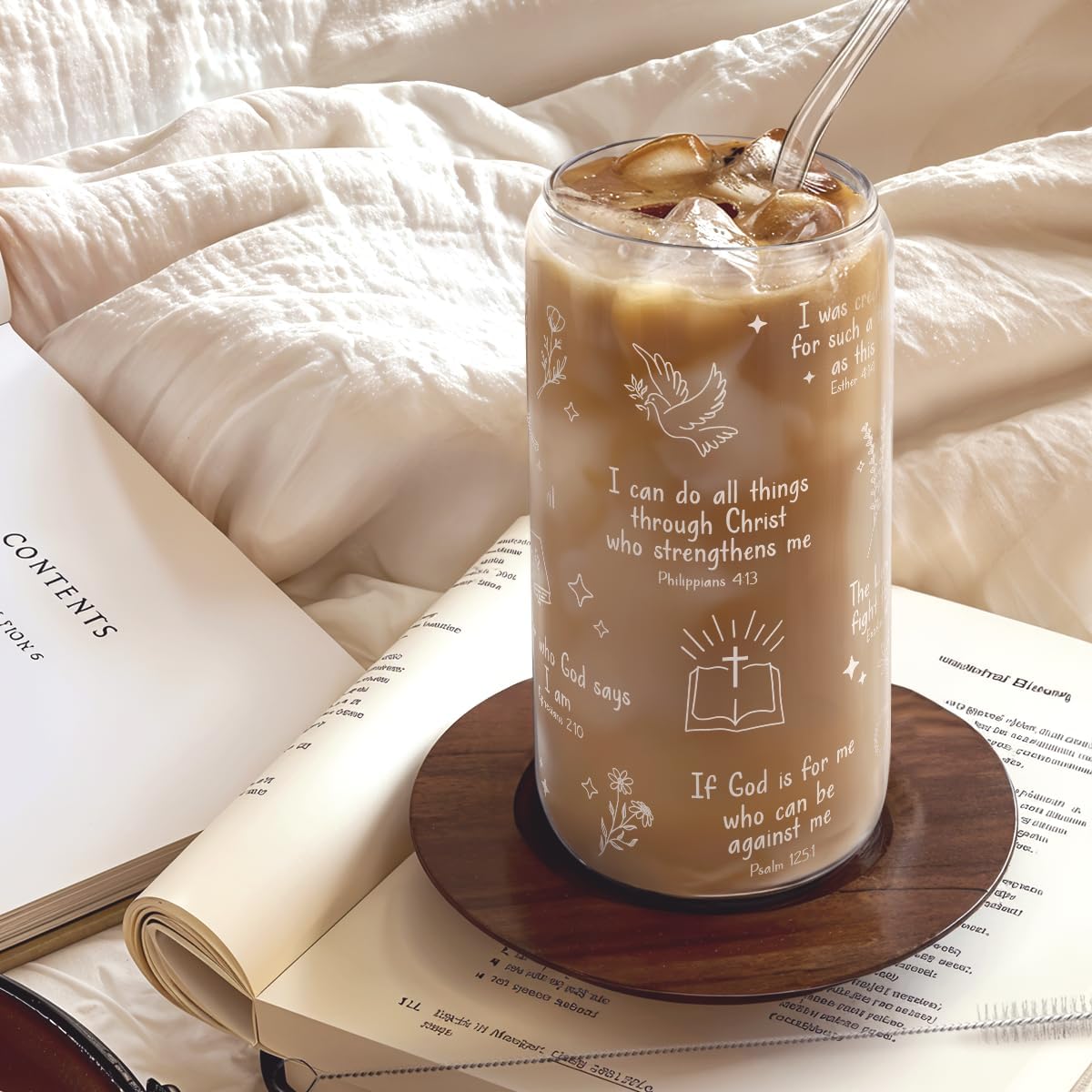 SANDJEST Christian Glass Can, I am Child of God Cup with Lid &amp; Straw, Iced Coffee Aesthetic Cups, Idea Gift for Christmas Birthday, Gifts for Women, 16oz