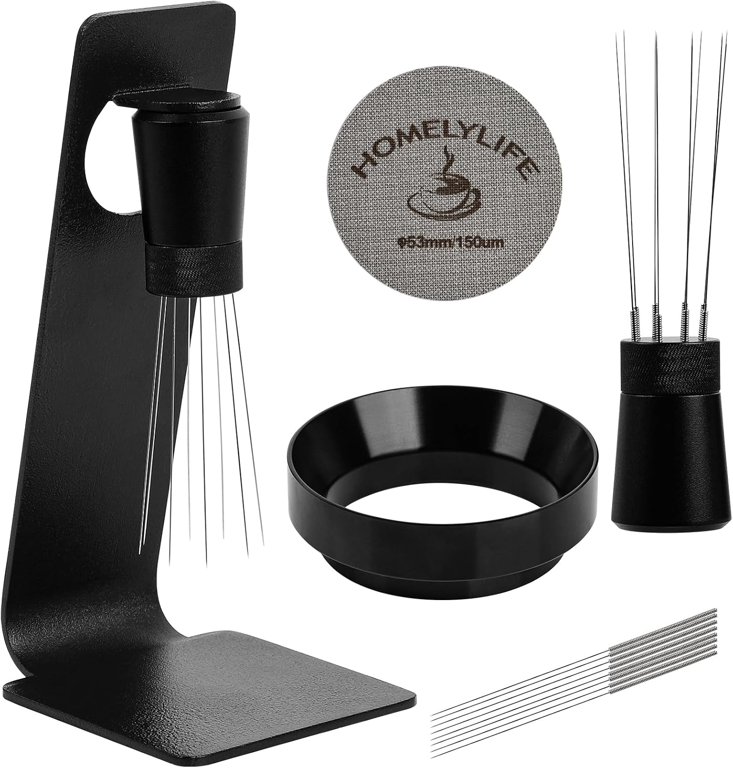 WDT Tools Espresso Puck Screen, 53mm Espresso Accessories Kit - 150μm Puck Screen Set, 0.25mm 316 Stainless Steel 8 Needles Coffee Distribution Stirrer, Portafilter Dosing Ring for Barista Black | 150μm Puck Screen Set,0.25mm 316 Stainless Steel 8 Needles