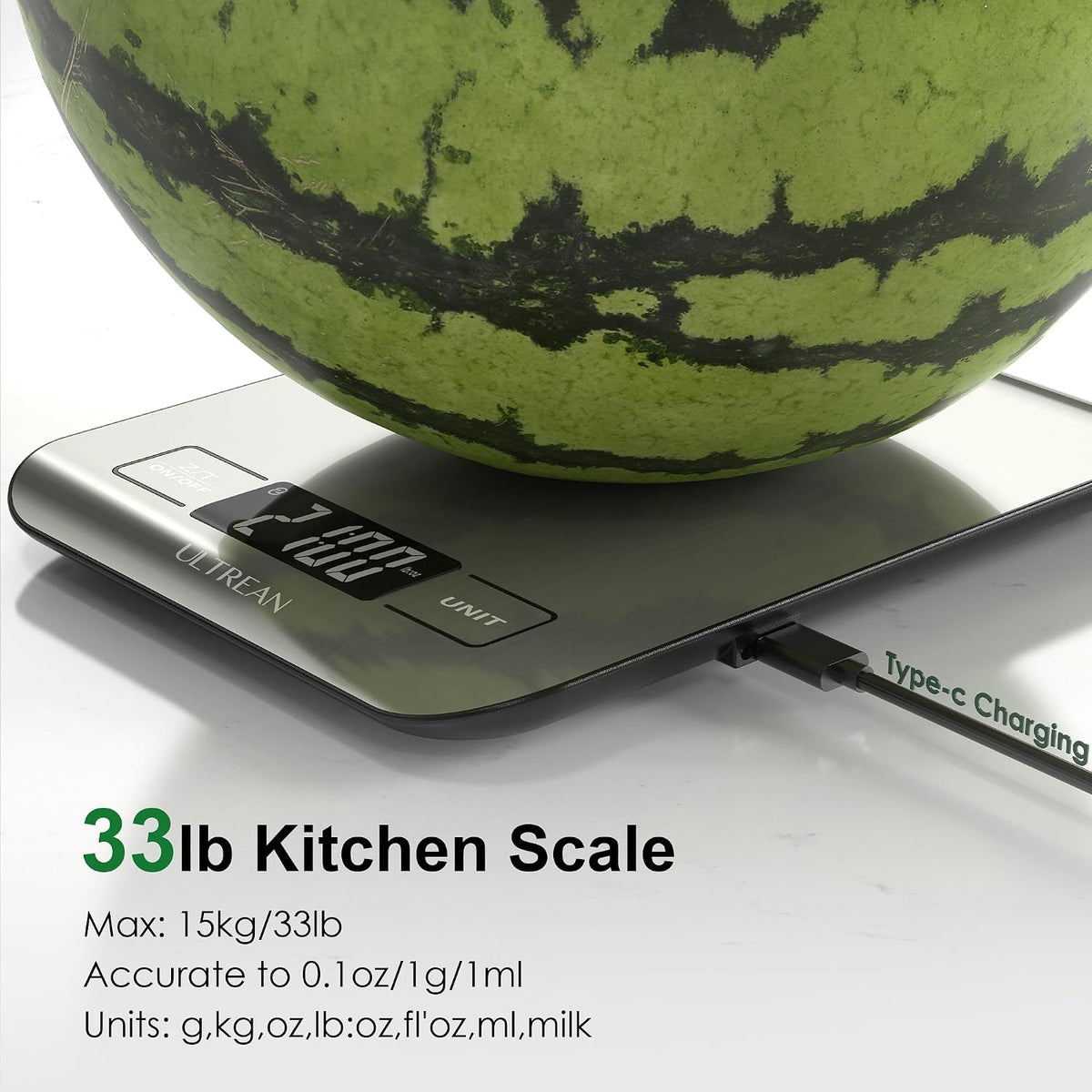 Ultrean Smart Food Kitchen Scale with Nutritional Calculator, App for Macro &amp; Calorie Tracking, AI Scan, Digital Grams and Ounces for Weight Loss, Rechargeable, Stainless Steel, 33lb /15kg