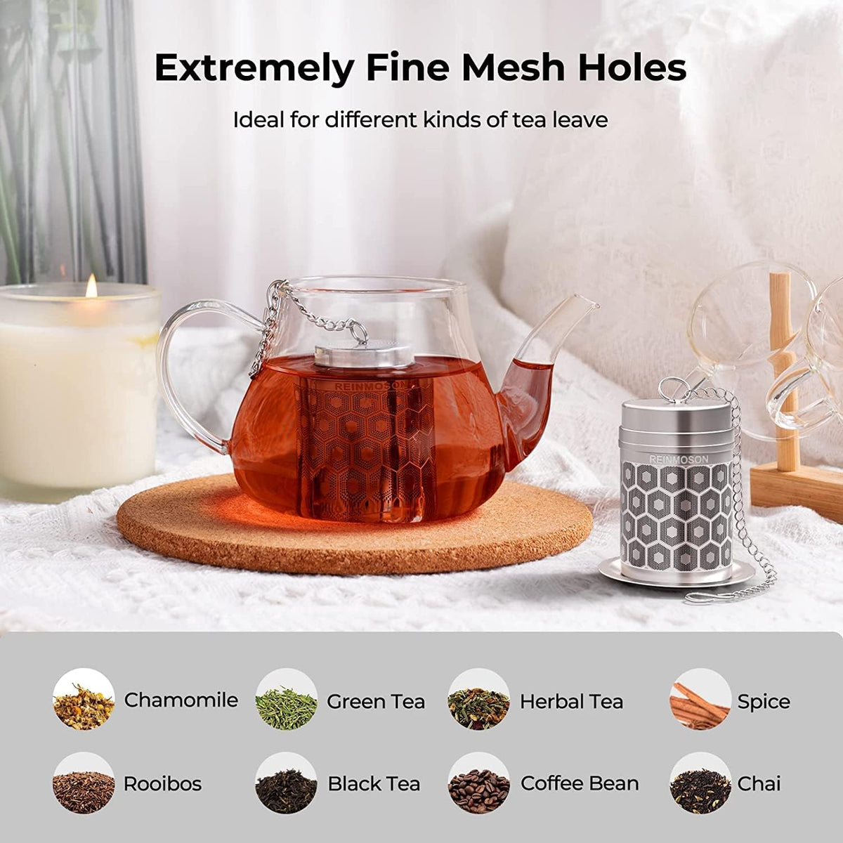 2 Pack Reinmoson 304 Stainless Steel Tea Strainers for Loose Tea 1.5”x2.2”