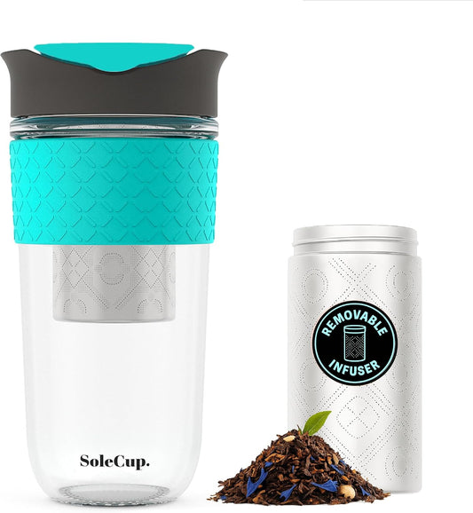 Large Travel Mug Loose Tea Infuser - Detachable Tea Strainer with Spill Proof Lid - 18oz/530ml BPA-Free Reusable Glass Travel