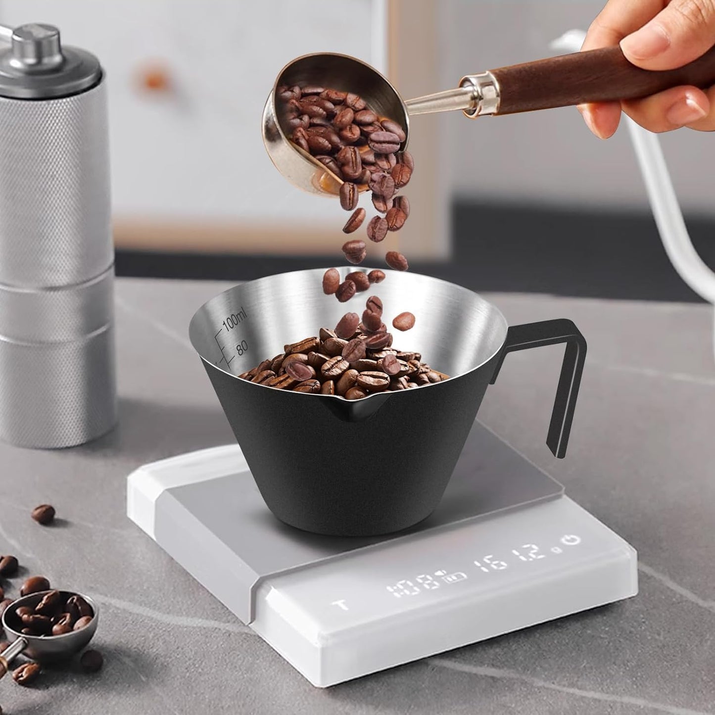 2 Pcs Stainless Steel Espresso Cups with Handle, Double Spout Metal Measuring Cup with Dual Scale, Espresso Shot Cup with V-Shaped Mouth, 3.4oz/100ml (Black)