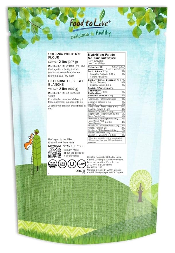 Food to Live Organic White Rye Flour, 2 Pounds - Non-GMO, Unbleached, Light, Medium Protein, Vegan, Kosher, Finely Milled Berries, Great for Baking Cookies, Muffins, Bread, and Sourdough