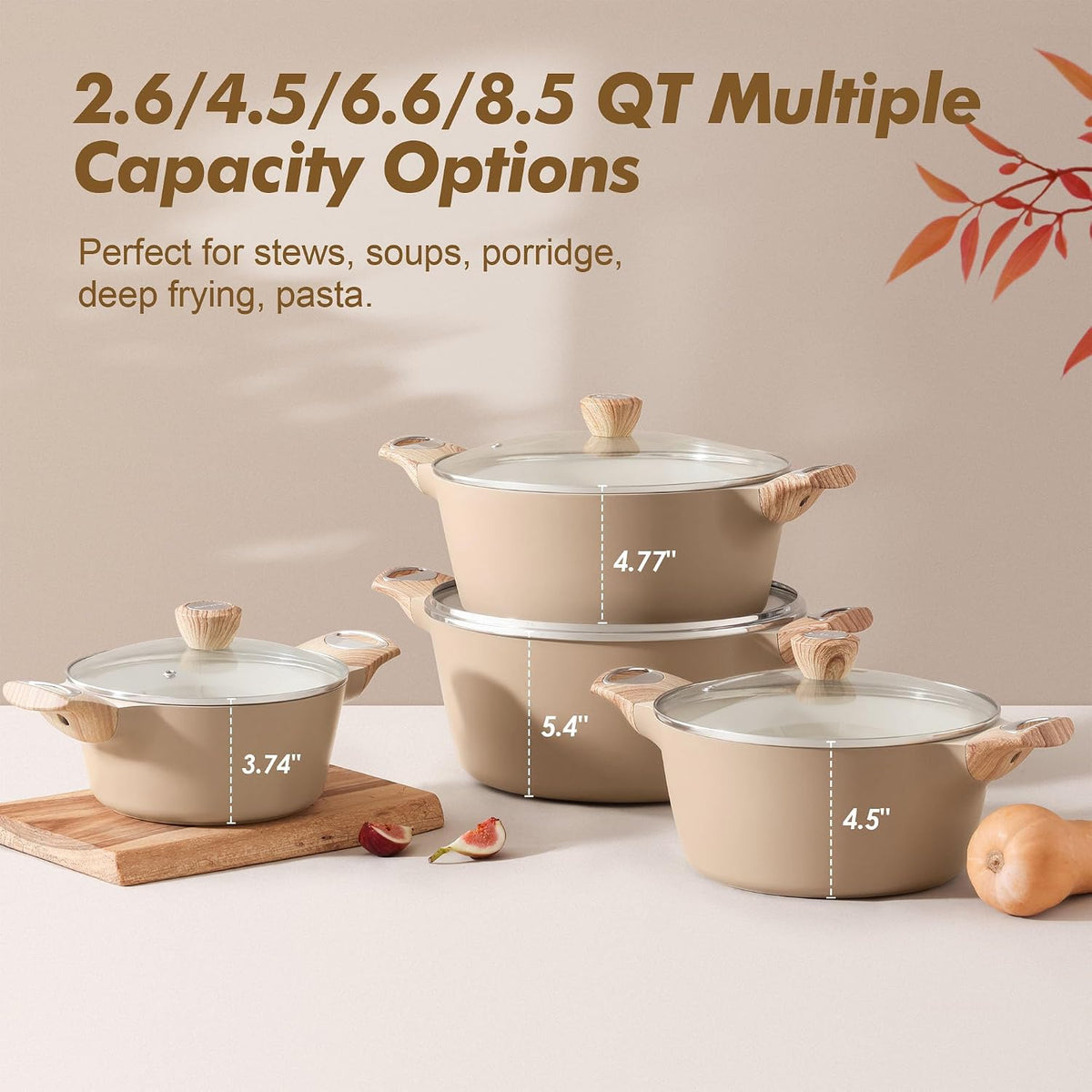 SENSARTE Ceramic Nonstick Stock Pot with Lid, 2.6/4.5/6.6/8.5 QT Soup Pot Casserole Pot, Non-toxic Healthy Pasta Pot, Large Cooking Pot Stew Pot, Induction Compatible, PFOA PFAS PTFE Free, Taupe