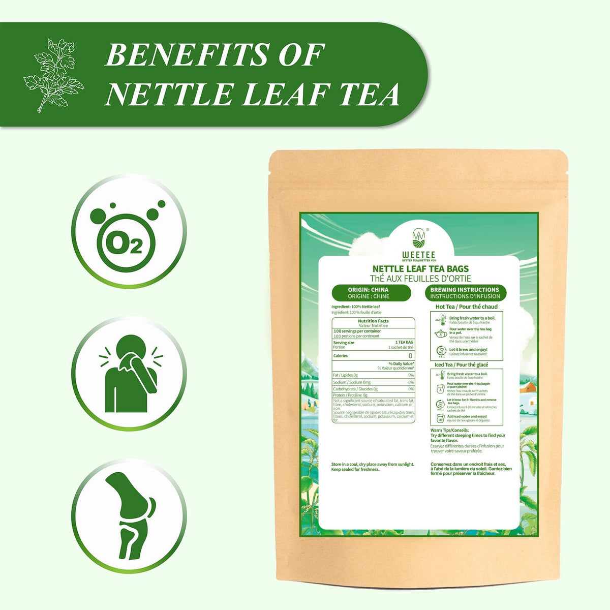 WT WEETEE Nettle Leaf Tea Bags 100 Count, Caffeine-free for Season Changes | Earthy Herb Aroma, Made with 100% Pure Stinging Nettle Leaf, Natural Caffeine-free Herbal Tea, Gentle Daily Brew