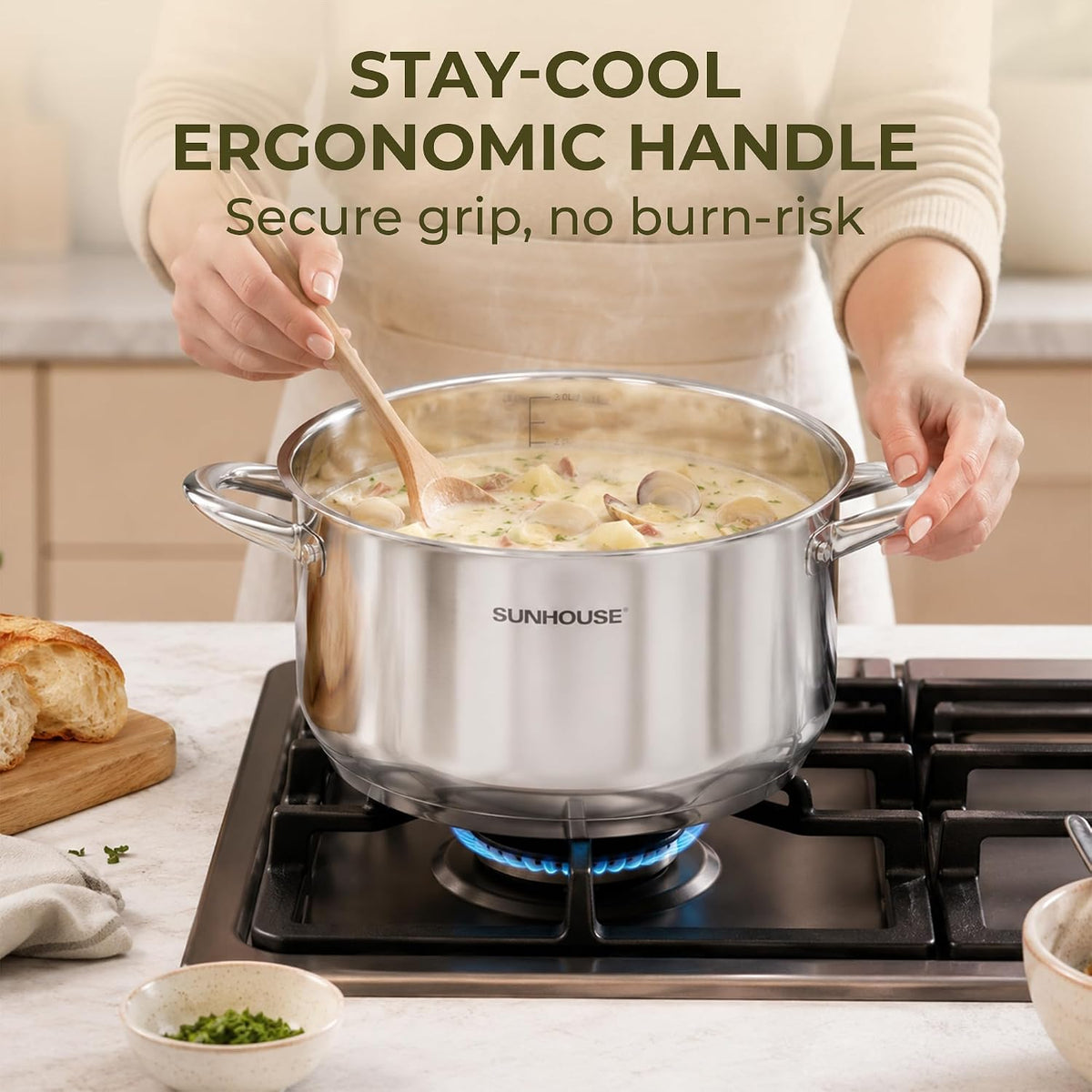 Sunhouse Stainless Steel Stock Pot - 11 Quart Heavy-Duty Induction Cooking Pot with Visible Lid for Pasta, Soup, Spaghetti - Nonstick Thick-Bottom Deep Stockpot for Canning, Boiling, and Simmering
