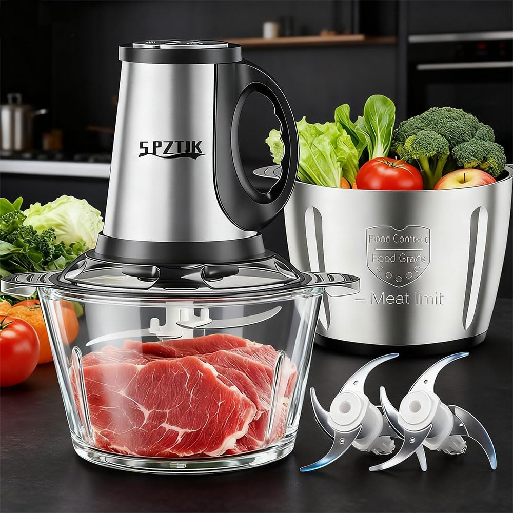 Food Processor, 3-Speed Electric Food Chopper with Vegetable Chopper & Meat Grinder - 2 Bowls (8 Cup Stainless Steel+8 Cup Glass), 300W, 2 Sets of 4 Bi-Level Blades for Vegetable/Fruits/Meat