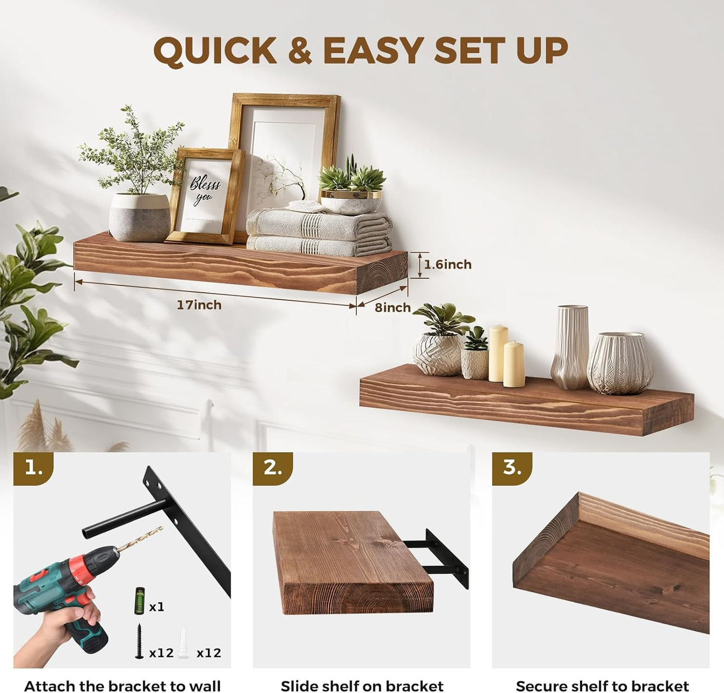 Solid Wood Floating Shelves, 17 Inch Wall Shelves, Set of 2, Brown