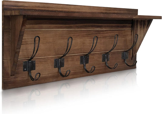 HBCY Creations Rustic Brown Solid Wood Wall Mounted Coat Rack with Shelf, 5 Hooks, 24" Long - Kitchen, Mudroom, Entryway,