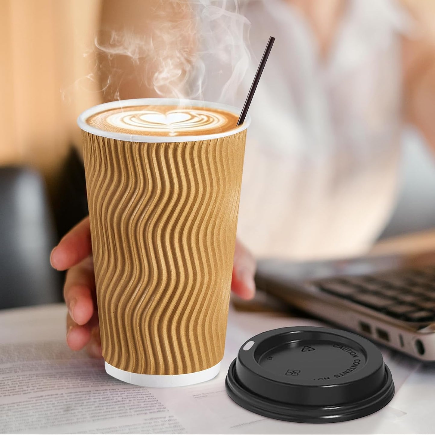 SIUQ 90 Pack 16 oz Disposable Coffee Cups with Lids and Straws - Champagne | Insulated Ripple Wall To Go Paper Cups for Hot/Cold Drinks, Coffee, Tea &amp; Chocolate. Ideal for Office, Travel, Parties