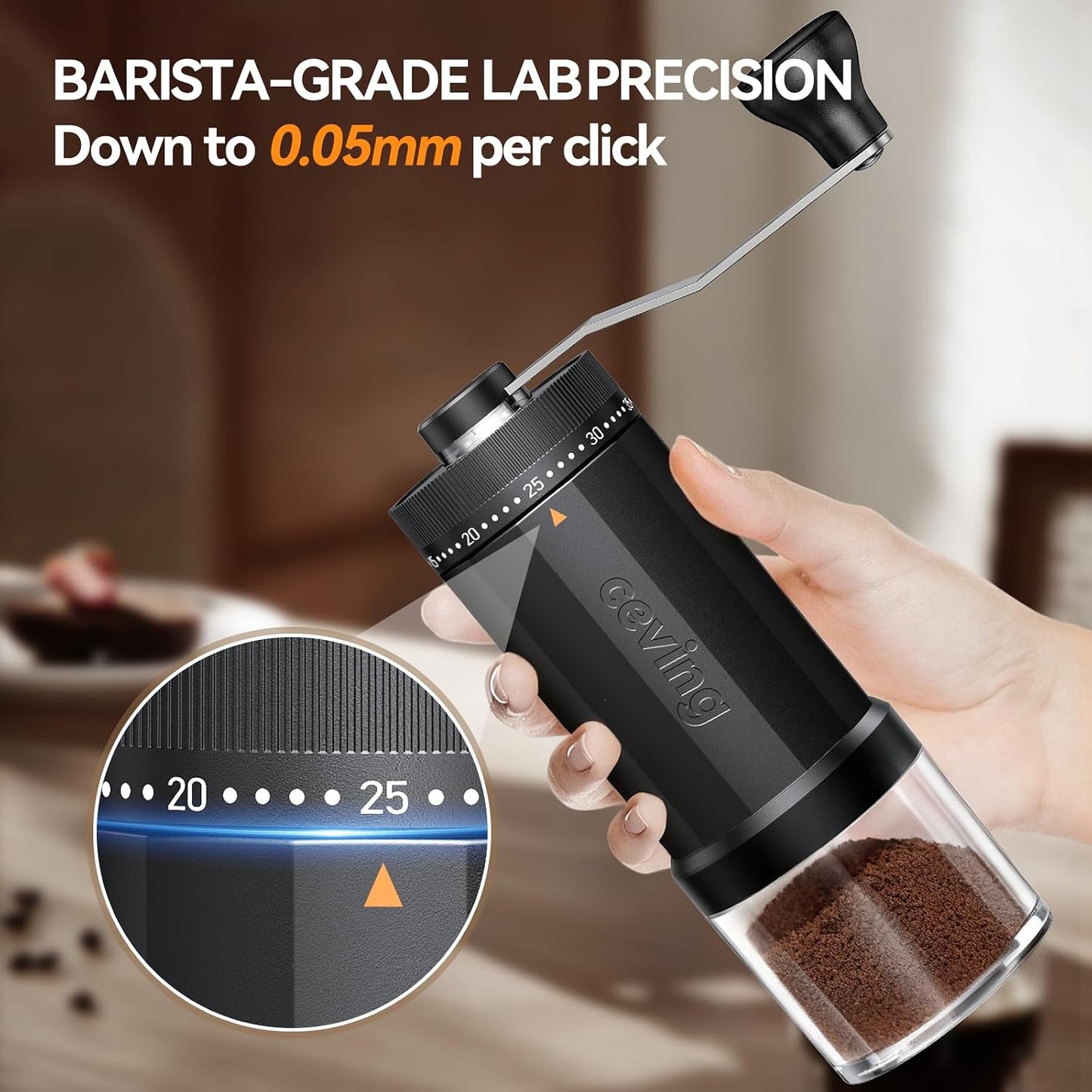 CEVING World's First 60g Large Capacity Manual Coffee Grinder, Black | 40 External Settings, Portable Hand Coffee Bean Mill with Stainless Steel Conical Burr for Travel, Camping, Pour Over &amp; Gift