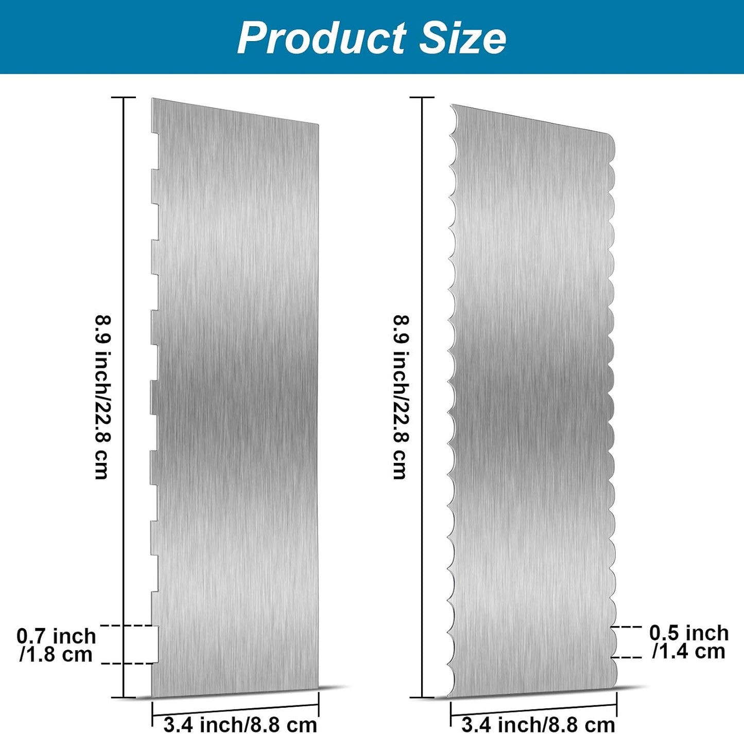 2 Pcs 9 in Double Sided Comb Stainless Steel Cake Scraper Smoother | Double Sided Patterned stripe edge and smooth edge, for cream decorating, metal comb scraper
