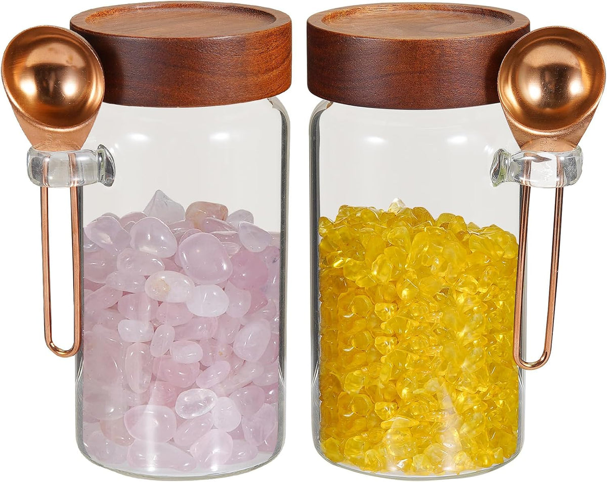 18 oz Glass Spice Jars with Spoons Wooden Airtight Lid Sugar Coffee Ground Canister Round Glass Food Storage Container for Herb Seasoning Cookies Tea Condiment Salt (2×550ml(18oz))