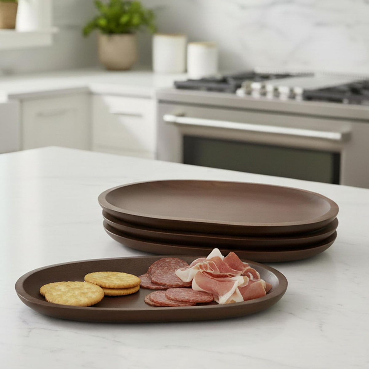 Woodard &amp; Charles Wood Oval Serving Trays, 6" x 10", Walnut Stain, Set of 4 | Individual Handheld Serving Tray; Perfect for Charcuterie, Cheese, Tapas, Sushi, Crudites Appetizers and Small Bites