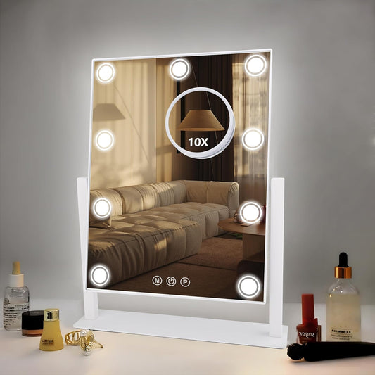 Lighted Makeup Mirror, 14"x 12" Hollywood Vanity Mirror with 9 LED Bulbs, 3 Color Lights, and Detachable 10X Magnification