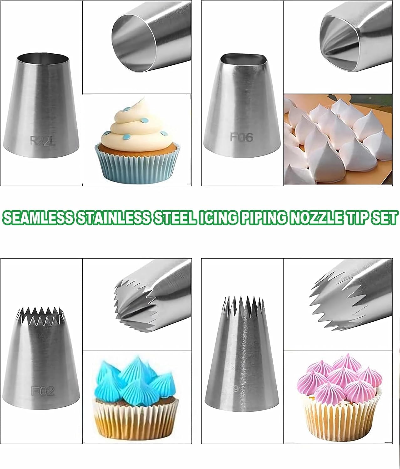 4PCS Extra Large Piping Tips Set, Stainless Steel Jumbo Icing Tips (F02 F06 9FT R22L) Round Star Square Wide for Cake Cupcake Cookie Eclair Churro Meringue