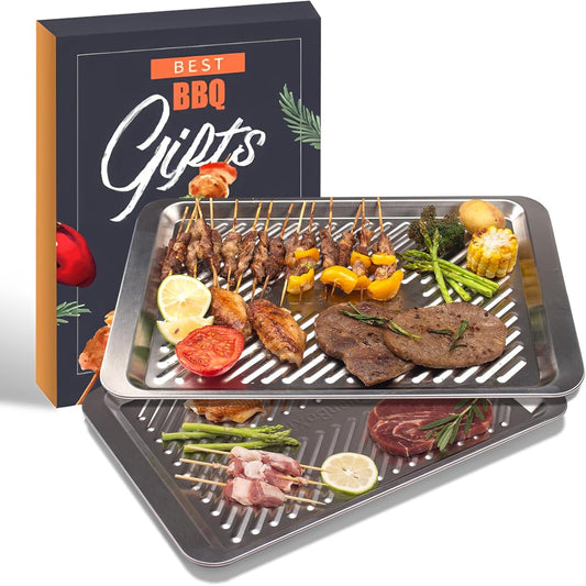 Grilling Prep and Serve Trays Set of 2 Stackable Stainless Steel BBQ Trays Marinating Tray Food Serving Platter for Cooked