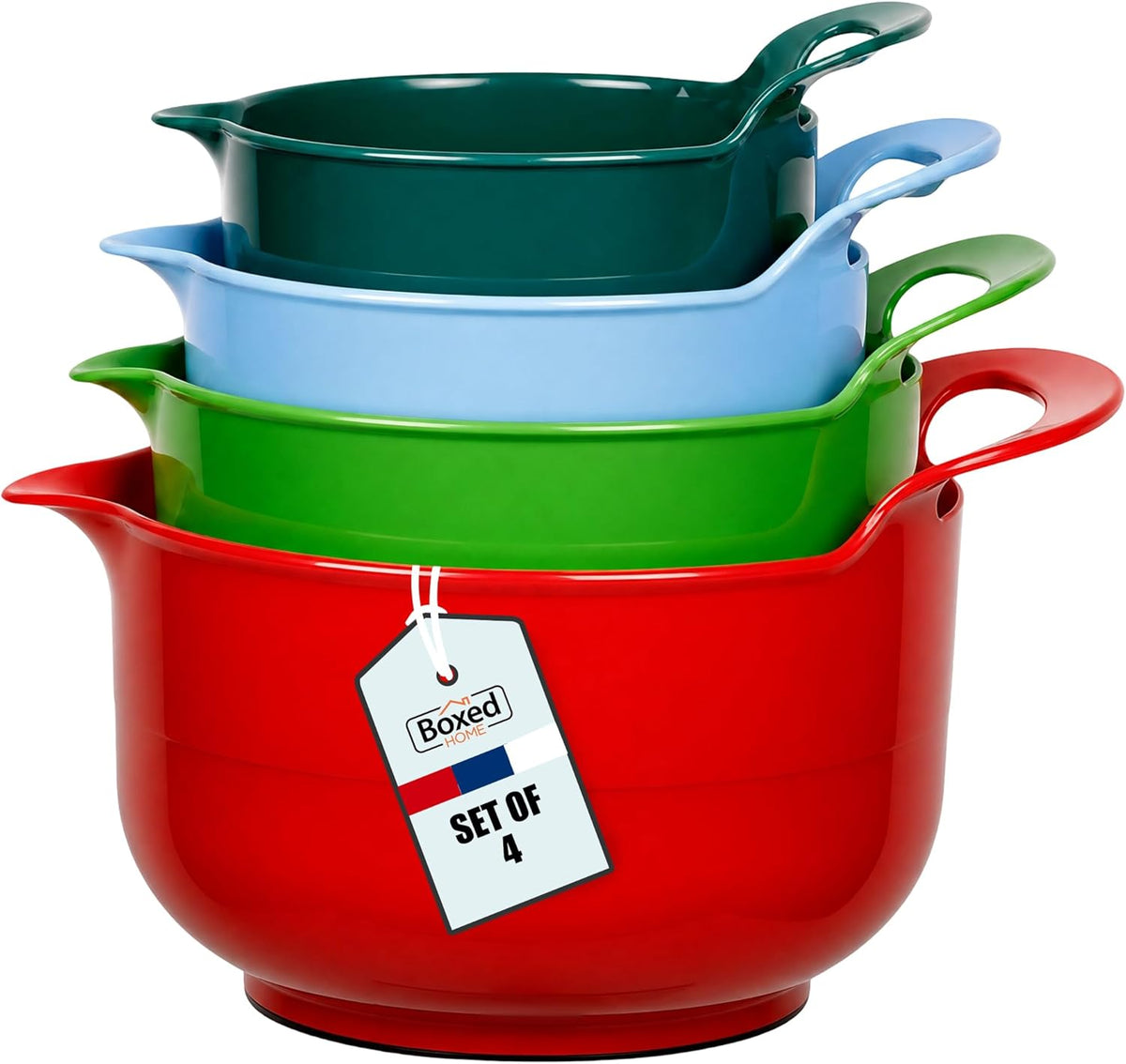 BoxedHome 4 Pack Nesting Mixing Bowl Christmas Set with Pour Spout and Handle, BPA free Microwave &amp; Dishwasher Safe(Christmas colours, 4 Pack with Handle)