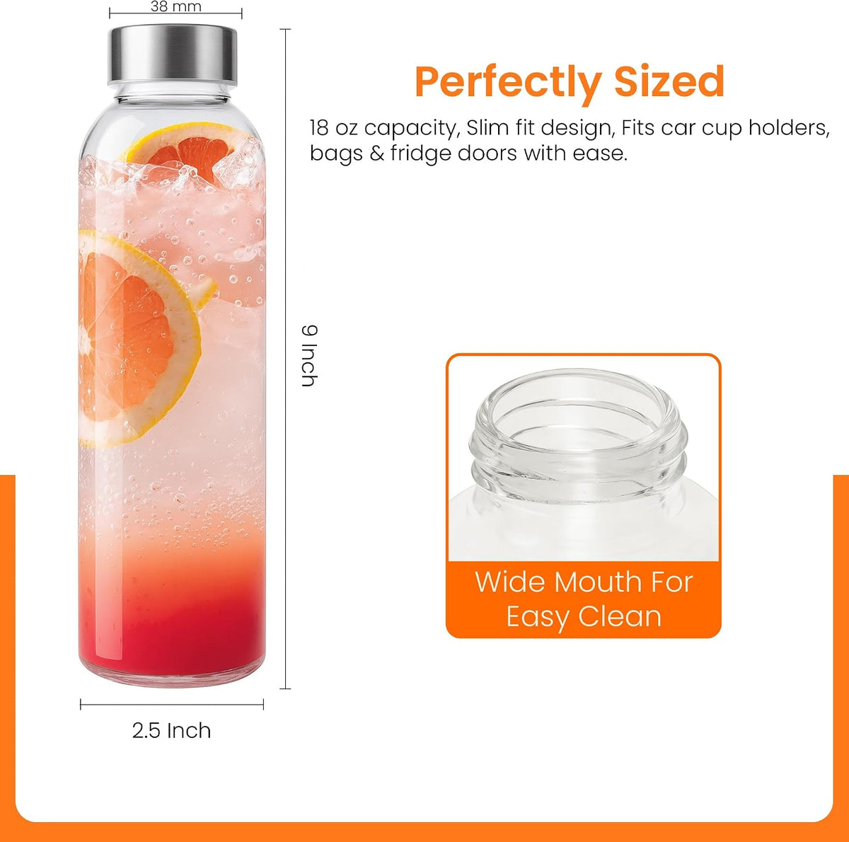 Epica Clear Glass Bottles with Lids, 18 oz Water Bottles, Steel Cap, 4-Pack | Reusable Travel-Friendly Juice bottles Rust-Resistant Durable Glass Stainless steel Air and Water Tight Lids 100% Leak Proof