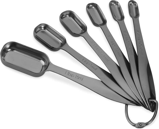 Accurate 18/8 Stainless Steel Measuring Spoons, Heavy Duty Good Handle Set of 6 Measuring Spoon with Ring Connector, Dark
