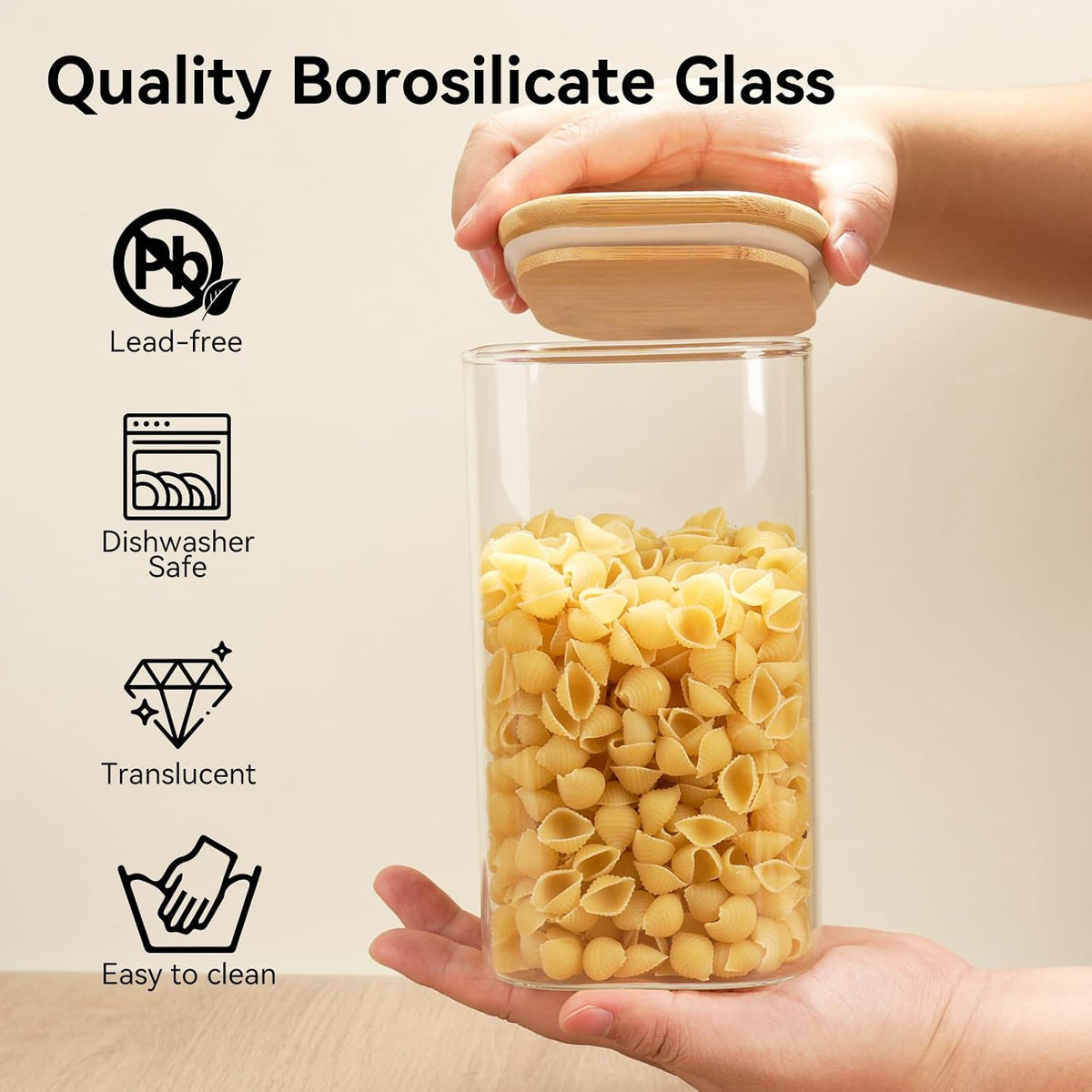 5 Set Glass Jars with Bamboo Lids, Square Food Storage Containers, Glass Pantry Storage Containers with Lids for Pasta, Cereal, Flour, Sugar