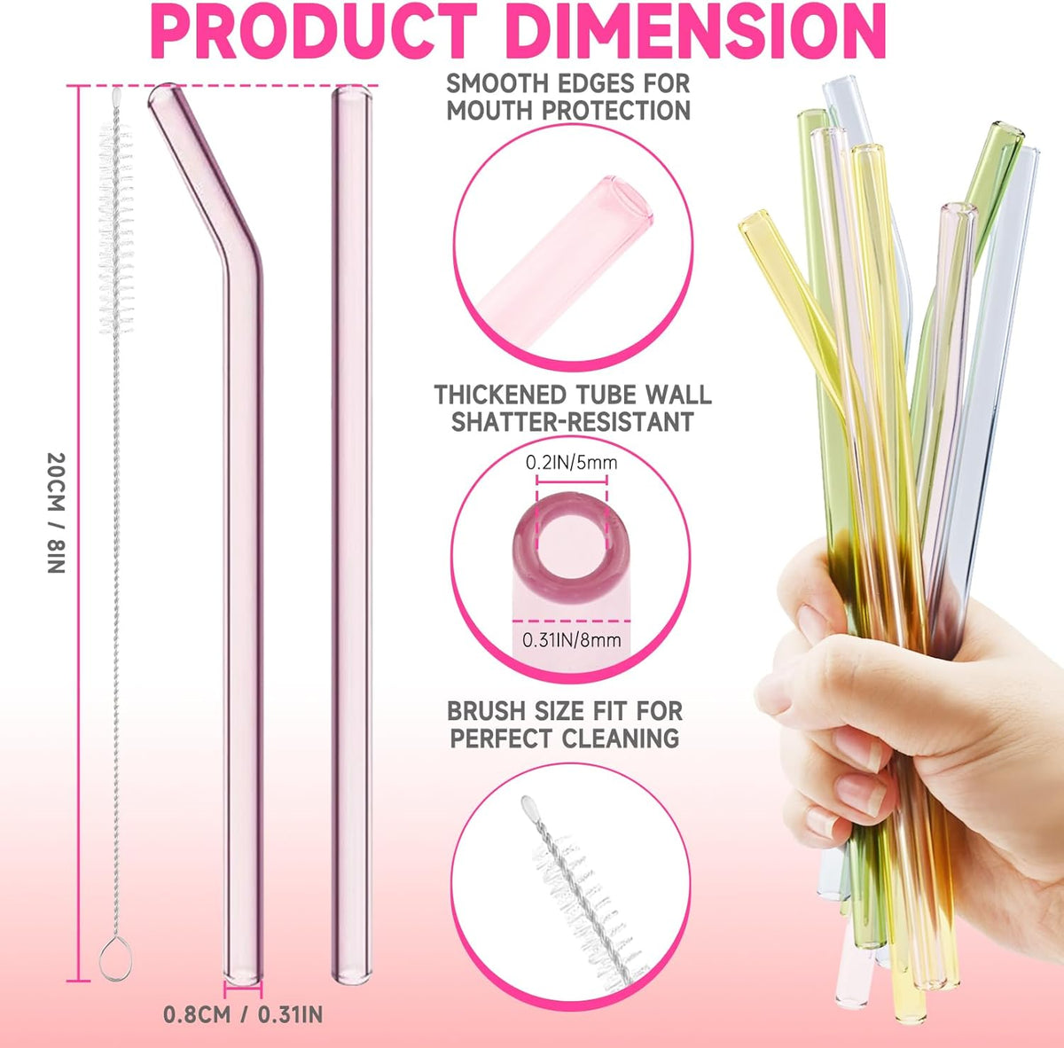 10 Pcs Reusable Glass Straws Shatter Resistant, 8” Colorful Glass Straws | Cute Colored Glass Straws, Set of 5 Straight &amp; 5 Bent Reusable Straws with 2 Cleaning Brush for Beverage, Dishwasher Safe