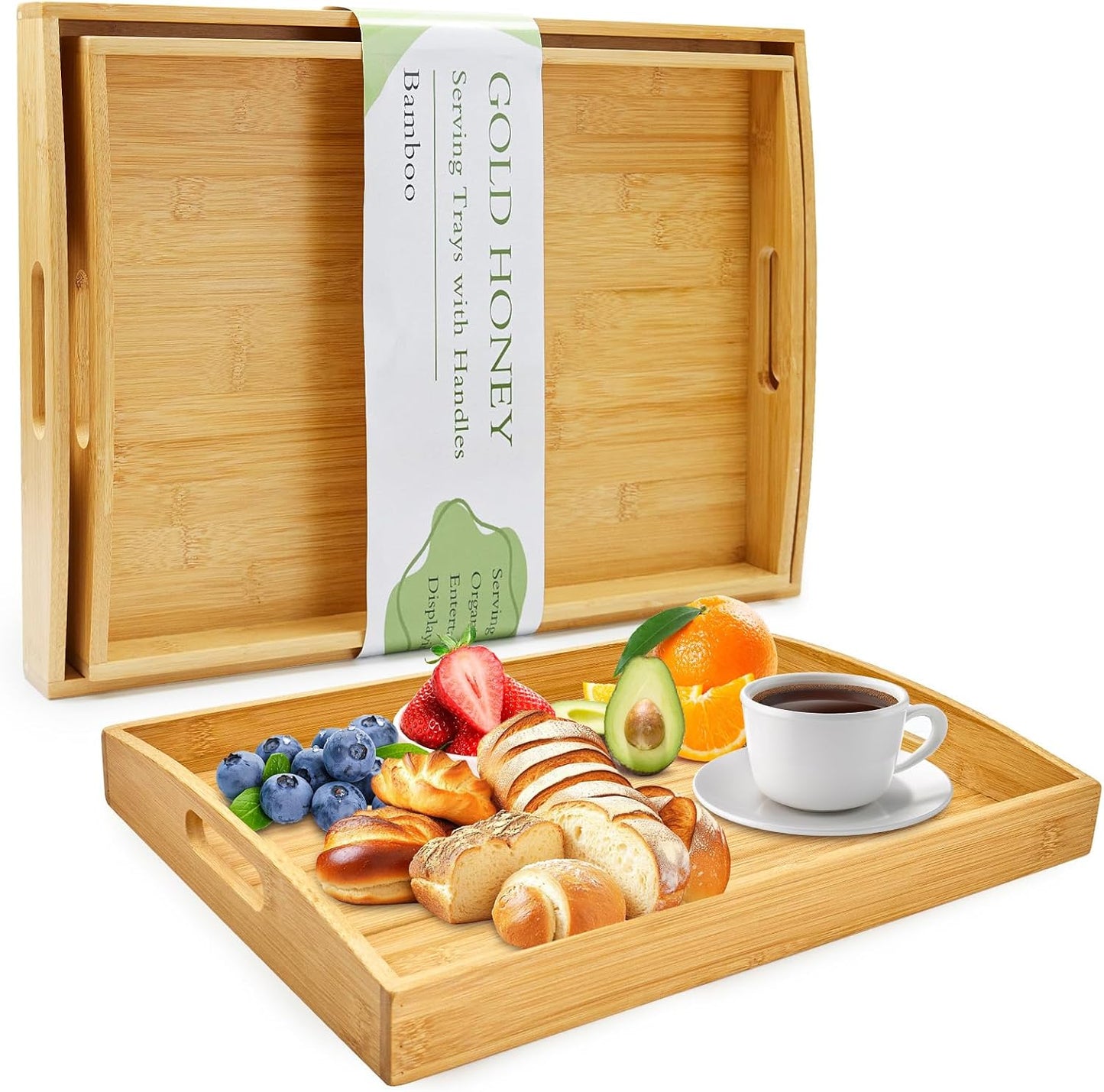 GOLD HONEY Bamboo Serving Tray with Handles, Wooden Serving Tray Set of 2 | Decorative Serving Trays with Handles for Living Room, Bathroom, Bedroom, Kitchen, Outdoor and Storing - 17x13in, 16x12in