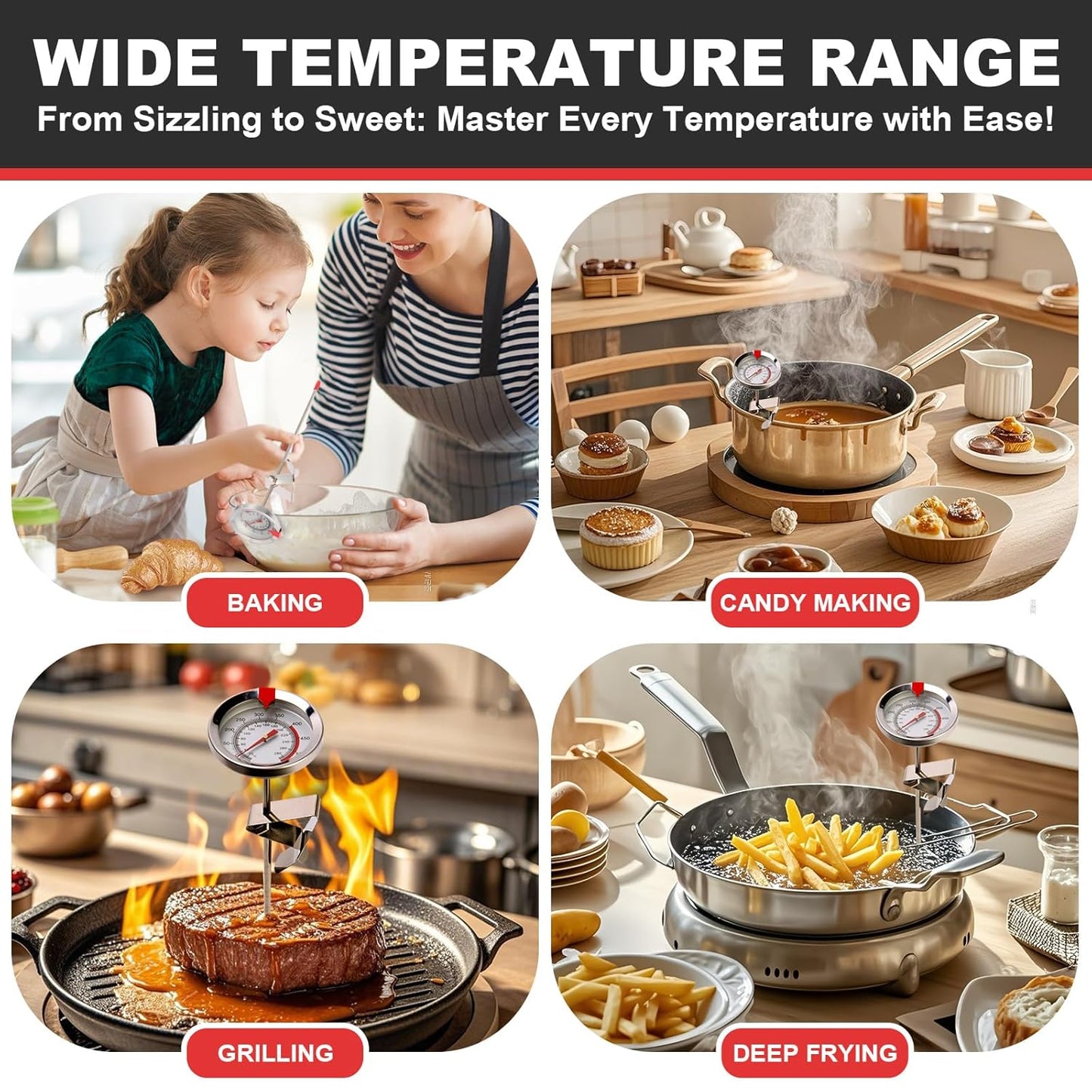Candy Thermometer Waterproof - Oil Thermometer for Frying with Clips - 9" Side of Pot Thermometer Deep Fry for Oil Candy Candle BBQ - Silver