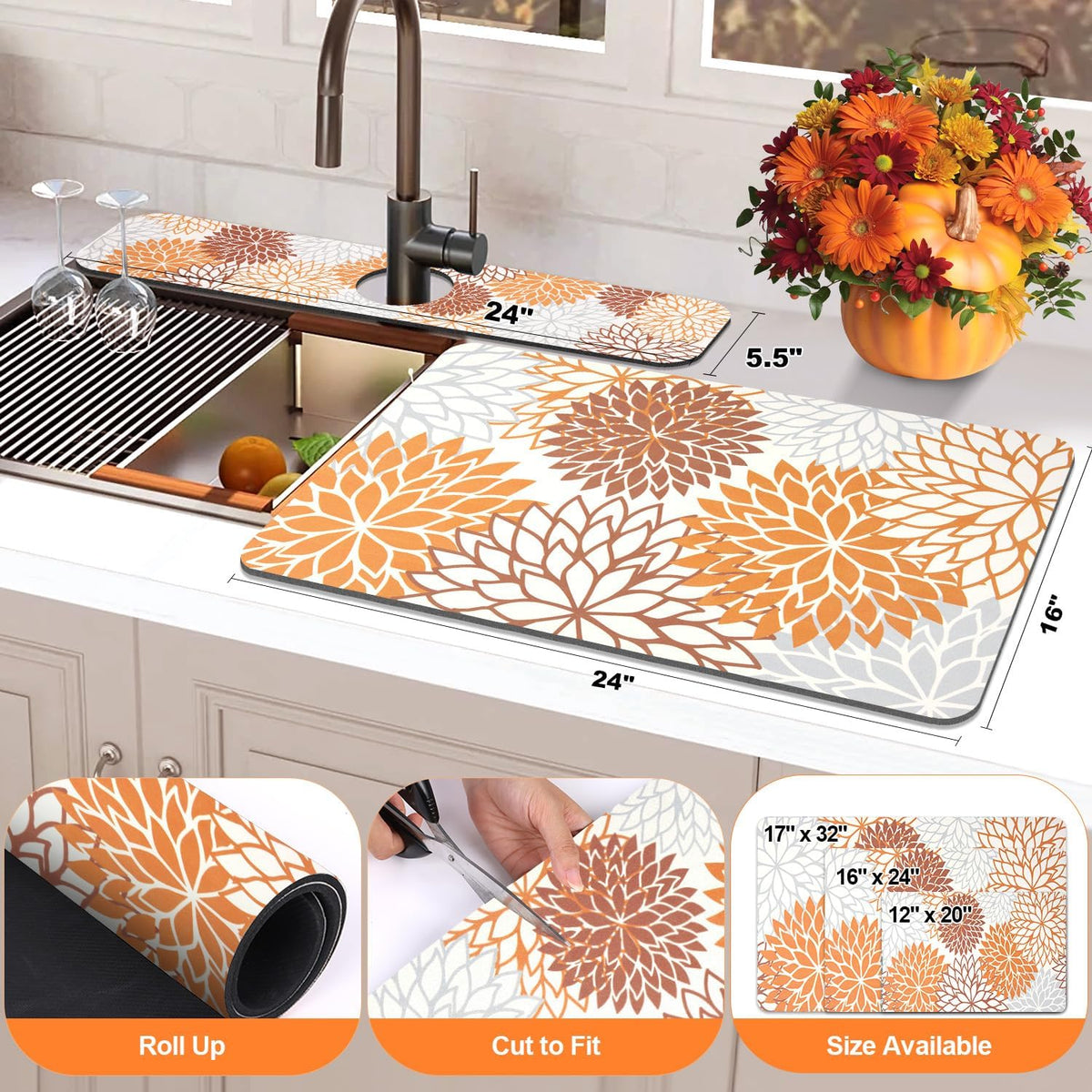 Findosom 2Pcs Fall Dish Drying Mat &amp; Sink Splash Guard, Absorbent Dish Mat