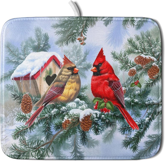 Winter Red Cardinal Bird Dish Drying Mat for Kitchen Counter,Holly Berry Branches Xmas Snowflake Cabin Drying Mat 16 x 18