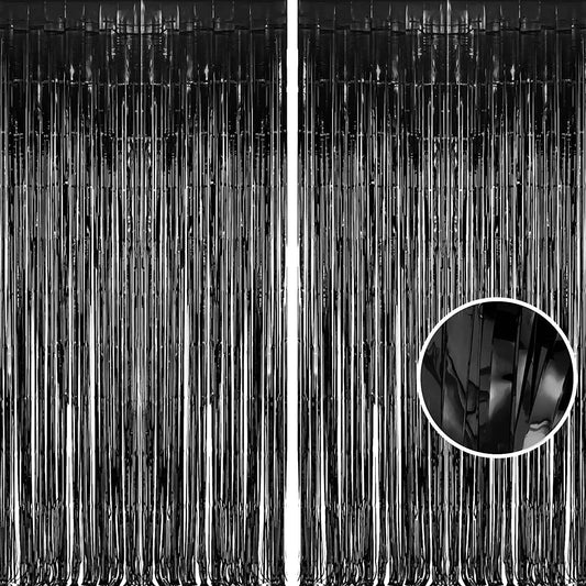 Foil Fringe Curtain Halloweens Party Decorations - Pure Black Tinsel Photo Backdrop Party Steamers Curtains for Birthdays
