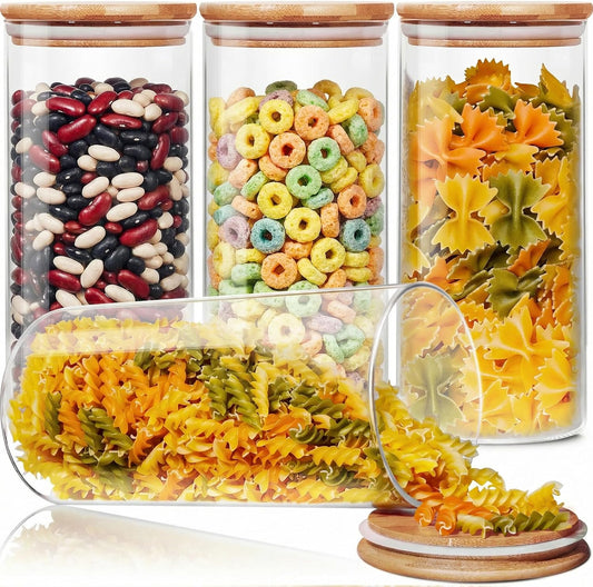53 oz Round Glass Food Storage Containers with Airtight Bamboo Lids, 4 Pack
