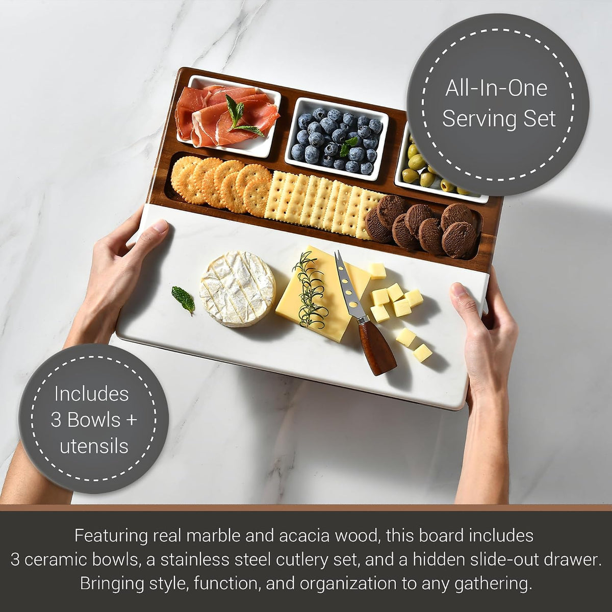 Shanik Wood Marble Cheese Board Set – Acacia &amp; Marble Charcuterie Board with 3 Removable Ceramic Bowls &amp; Stainless Steel Cutlery, Personalized Engraving, Wedding &amp; Housewarming Gift