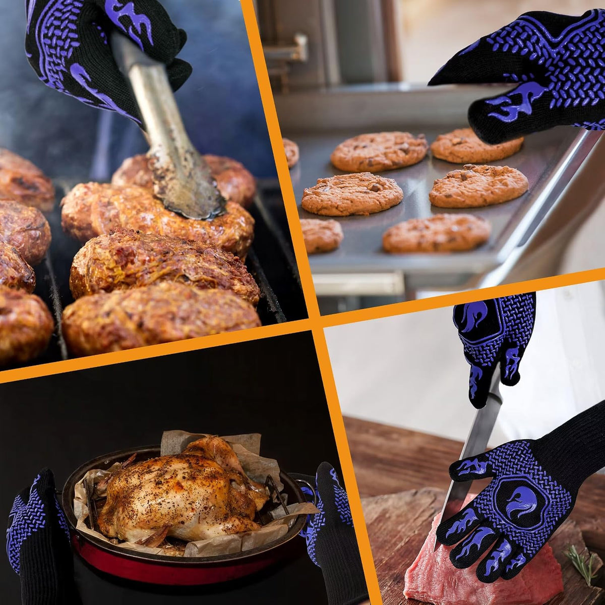 BBQ Gloves 1472F Heat Resistant Non-Slip Silicone 13.5in (Blue) | Grill Cut-Resistant, Oven Kitchen Safe for Barbecue, Cooking, Frying