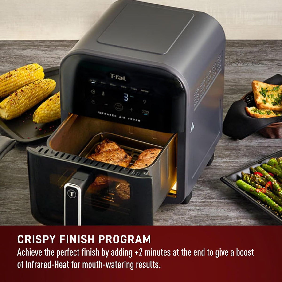 T-fal Infrared Air Fryer: 6 qt Digital Touch Screen, 7-in-1 Cooking Functions, 45-Seconds to reach 750°F on carbon fiber heater surface, No-Shake Technology, Crispy Finish, 1550W, Black