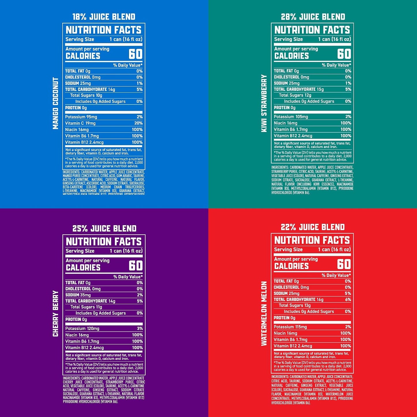 Gorilla Energy Drink, Variety Pack, 200mg Natural Caffeine, Real Fruit Juice Squeezed &amp; Concentrated, L-Theanine, Taurine, Ginseng, Acetyl L-Carnitine, No Added Sugar and No Artificial Colors, 12 Pack