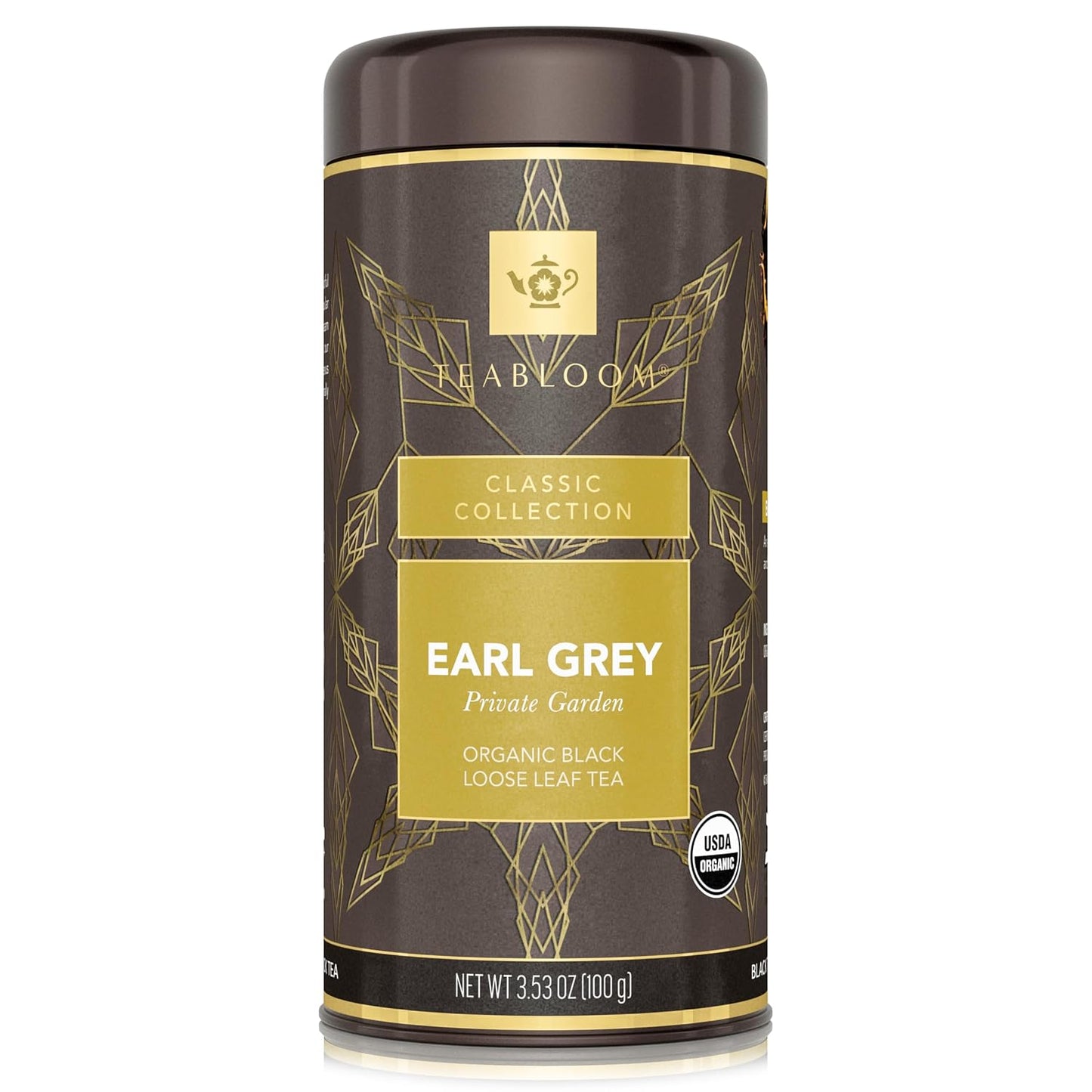 Teabloom Organic Black Tea, Earl Grey Private Garden Loose Leaf Tea, Classic Assam Whole Leaf Blend, USDA Certified Organic, Kosher Certified, 3.53 Ounce Loose Leaf Tea Canister Makes 35-50 Cups