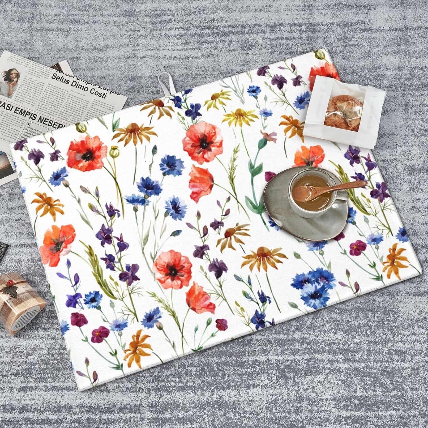 Spring Wildflowers Dish Drying Mats for Kitchen Counter, Watercolor Poppy Cornflower Drying Rack Pad Ultra Absorbent Microfiber Dish Mat for Coffee Countertop Decor 18x24 Inch