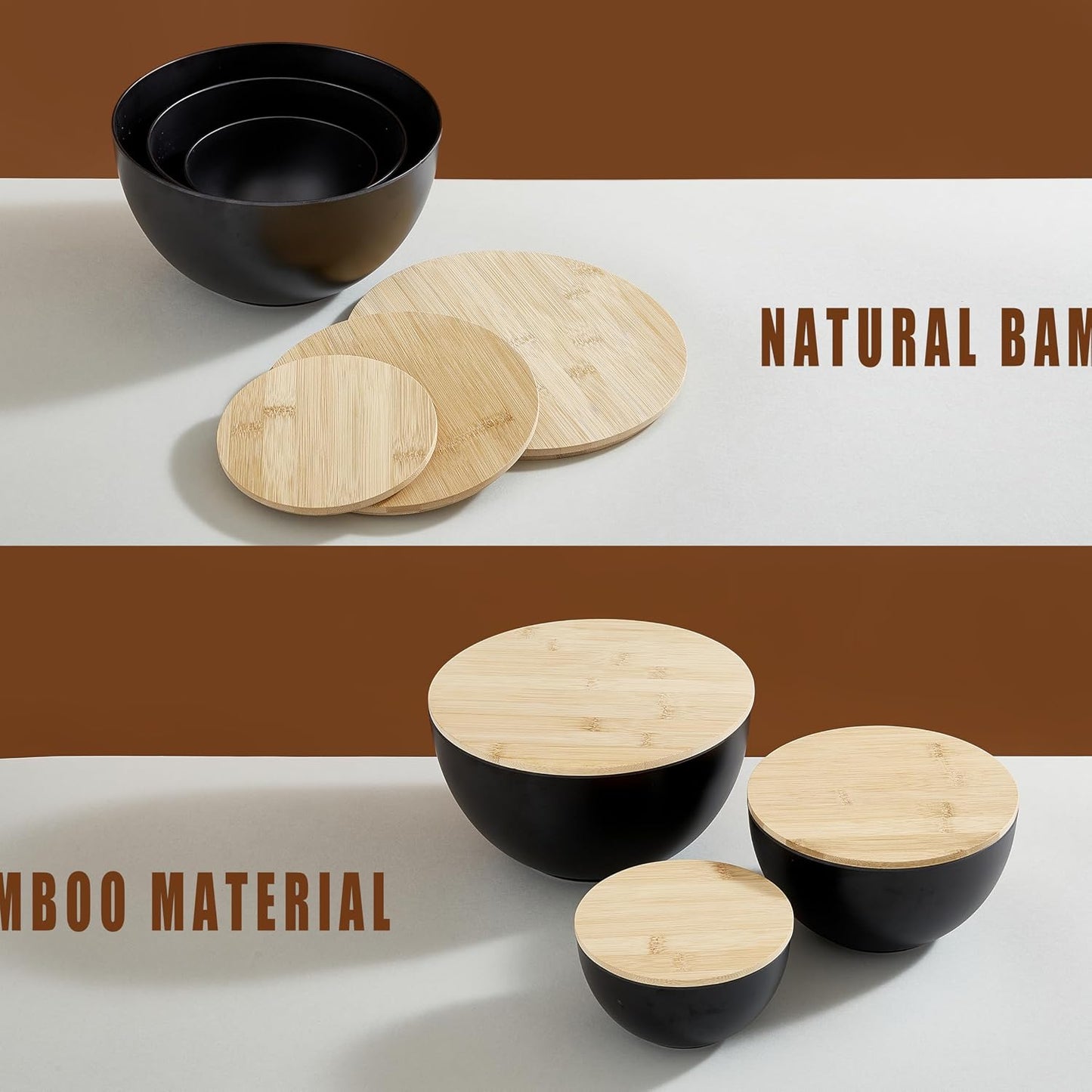 JOYMAY Salad Bowl with Lid, Mixing Bowl Salad Bowl Set, Natural Bamboo Fiber Serving Bowl Set of 3 with Bamboo Wood Lid, Nesting Bowls for Salads,Pastas(Black,10",8",6")