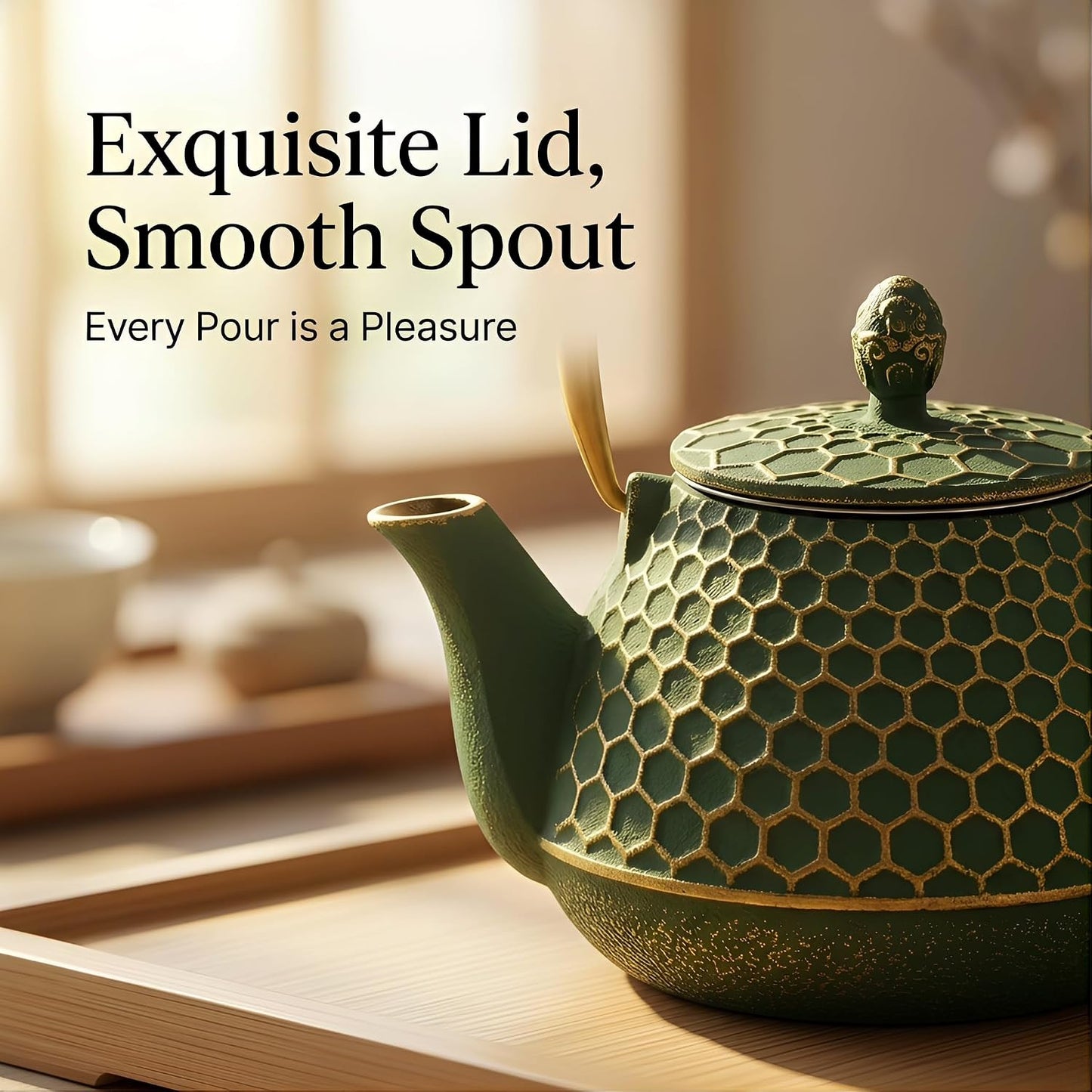 YJX 34oz Cast Iron Tea Kettle for Stovetop, Green Tea Pot for Loose Tea