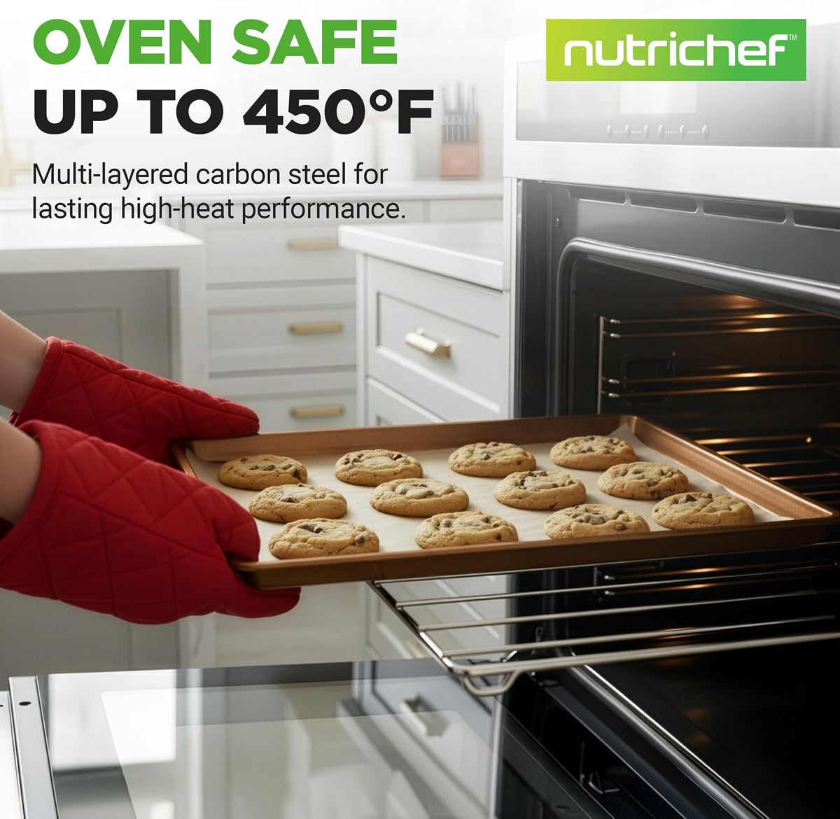 NutriChef 3-Piece Nonstick Baking Pans Set - Thick Carbon Steel Oven Bake Trays - Includes XL, Medium, &amp; Small Sizes - Versatile Cookie Sheets for Baking &amp; Roasting, Dishwasher Safe - Gold