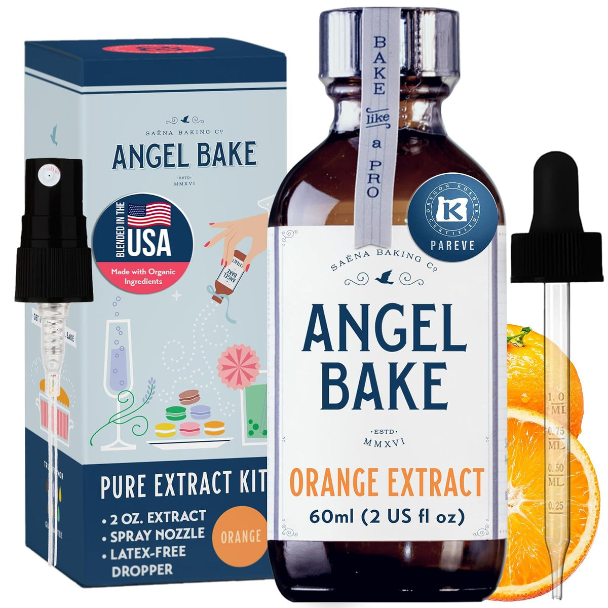 Angel Bake Pure Valencia Orange Extract, 5X Distilled, 2 oz w/ Sprayer | Water soluble, food safe flavoring to mist or dose into cocktails, drinks, baking and glazes; vegan, gluten free