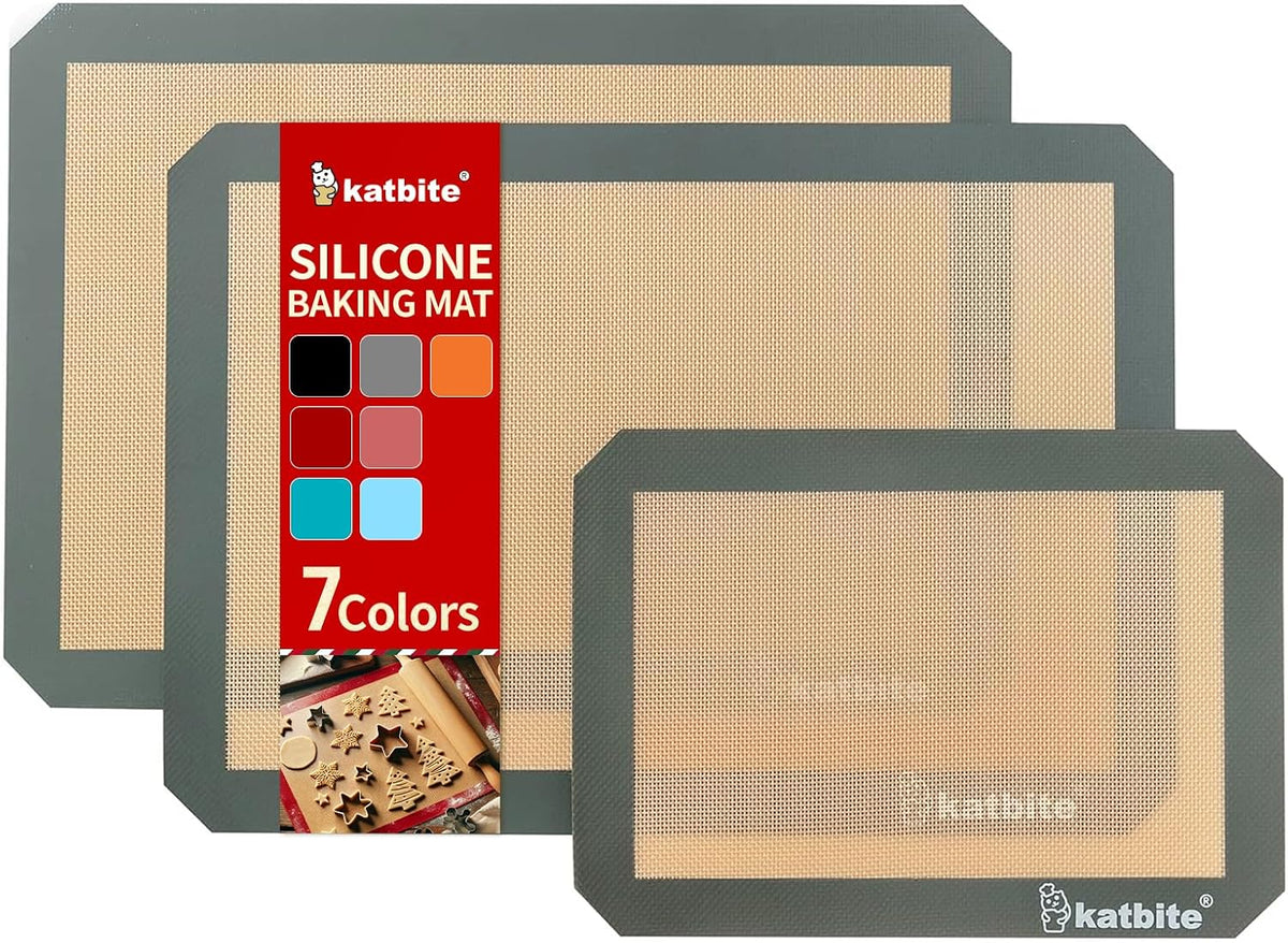 Katbite Silicone Baking Mat Set of 3 Grey | 2 Half Sheets Mats + 1 Quarter Baking Sheet, Reusable &amp; Nonstick Bakeware Mats for Cookies, Macarons, Bread