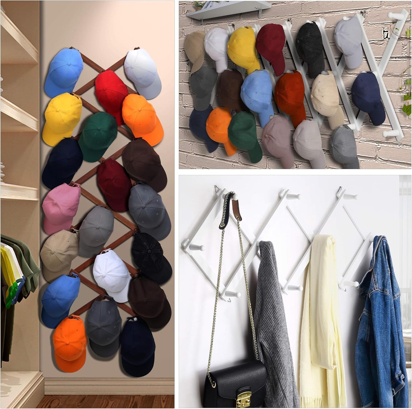 Dseap Accordion Wall Hanger: 16'' High Wooden Wall Expandable Coat Rack,Hat Rack Holder,Accordion Hook for Baseball Caps,Coats,17 Peg Hooks,Dark Walnut