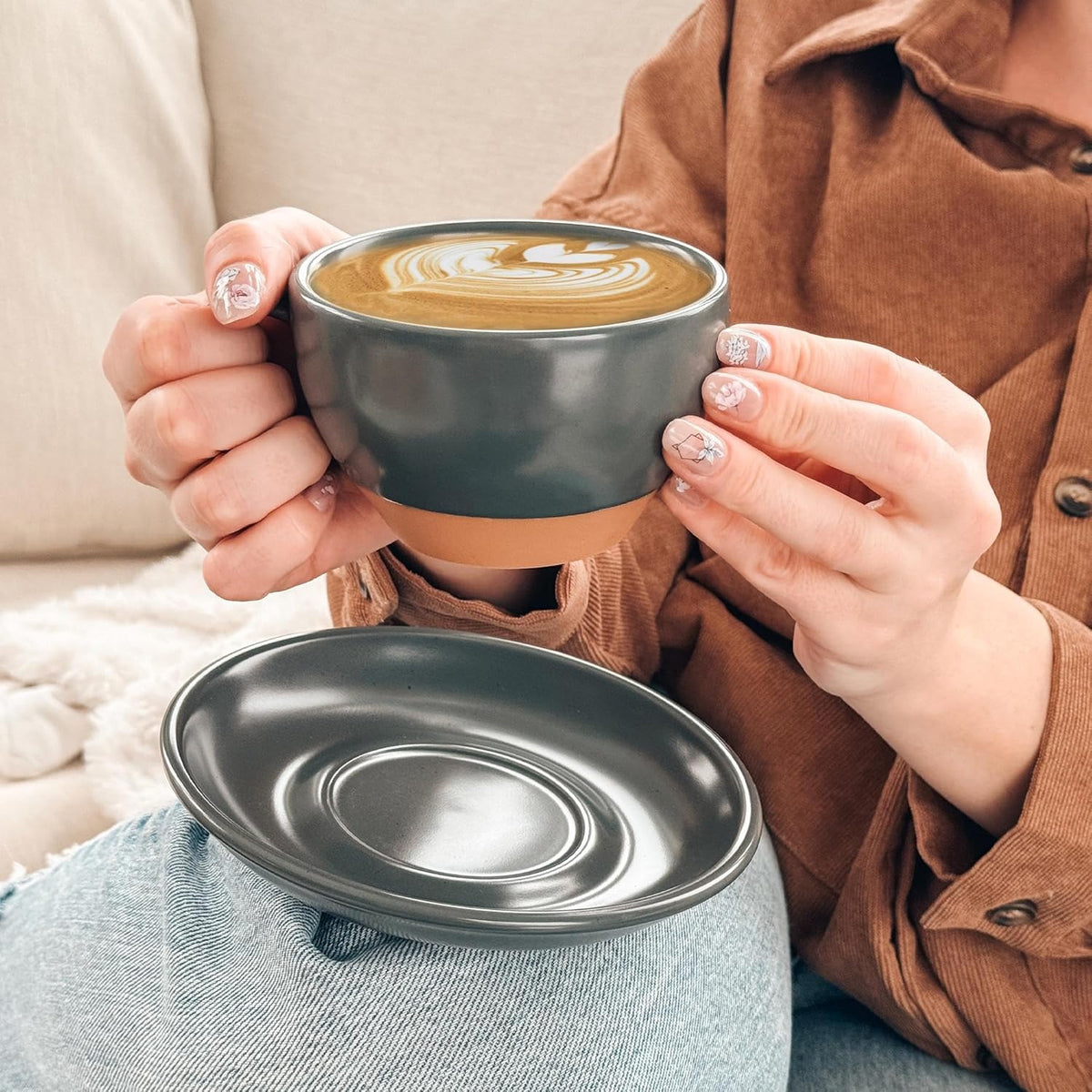 Mora Ceramic Latte Art Mug With Saucer - 10.5 oz, Round Bottom For Perfect Pours - Cafe Cups for Cappuccino, Espresso, Coffee, Tea etc - Porcelain Set for Baristas, Great Gift - Shadow Grey