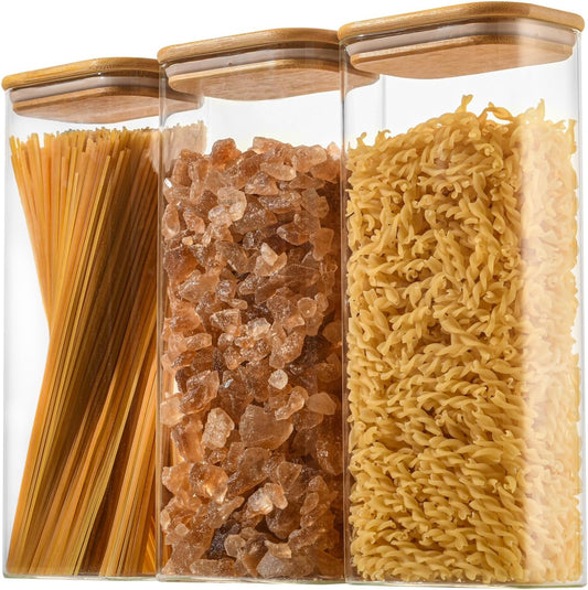 71oz Rectangle Airtight Glass Storage Containers with Bamboo Lids (Set of 3), Square Food Storage Jar, Pantry Organizers for